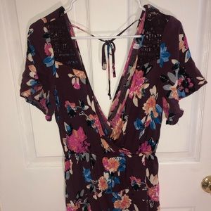 Floral deep v-neck open back wrap romper